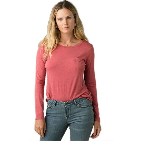 PRANA Women’s Red Foundation Long Sleeve Pocket Top Size Medium - Picture 1 of 5